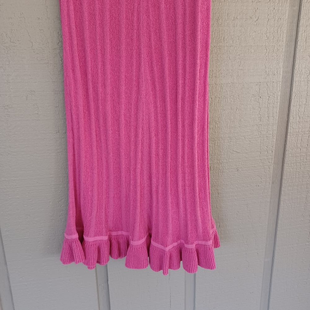 Ganni Ruffle Knit Midi Skirt Size M Women Preppy Linen Blend Pull On In Pink - Picture 7 of 15